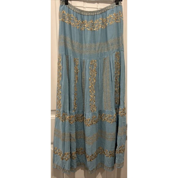 Hale Bob Skirt Boho Small Festival Blue With Gold Metallic Threads Waist 30 - Picture 2 of 9